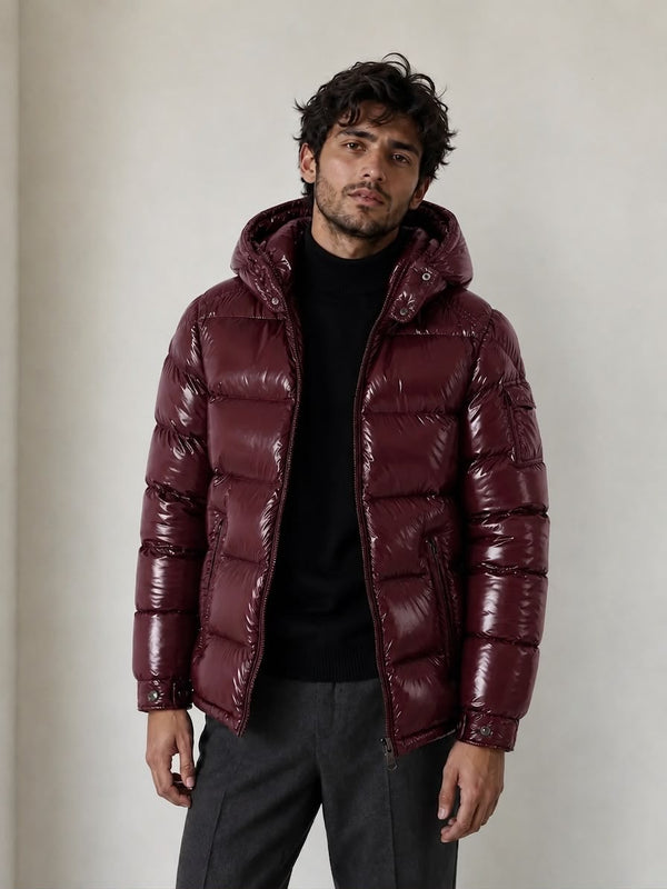G-1001 Burgundy Glossy Hooded Puffer Jacket
