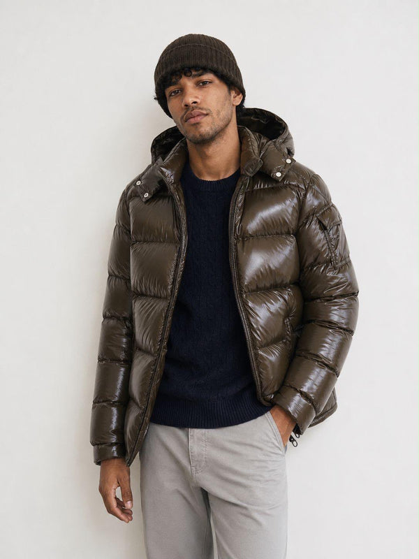 G-1001 Coffee Glossy Hooded Puffer Jacket