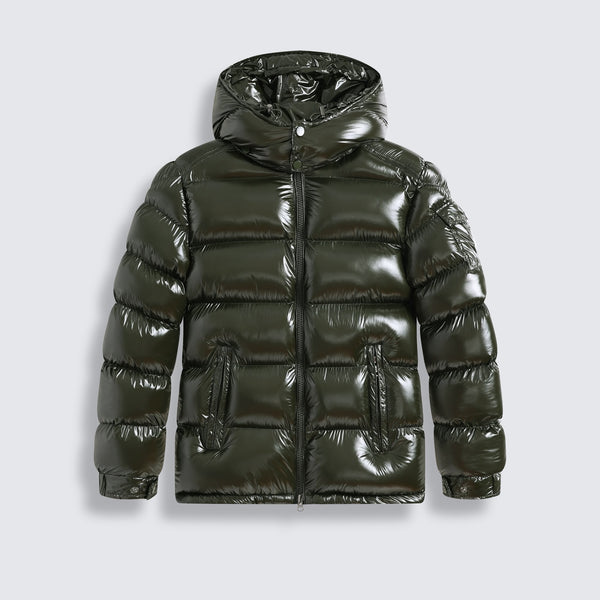 G-1001 Green Glossy Hooded Puffer Jacket