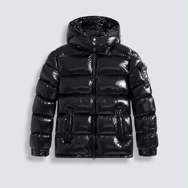 G-1001 Black Glossy Hooded Puffer Jacket
