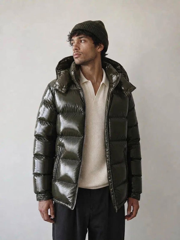 G-1001 Green Glossy Hooded Puffer Jacket