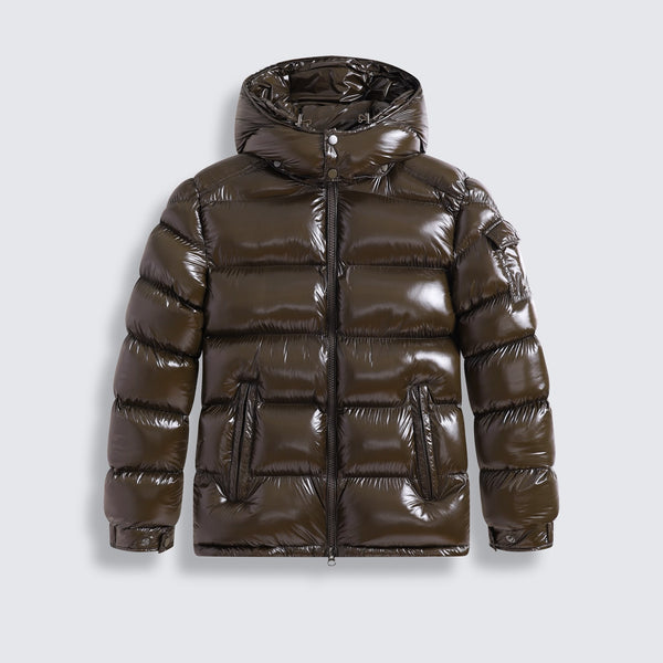 G-1001 Coffee Glossy Hooded Puffer Jacket