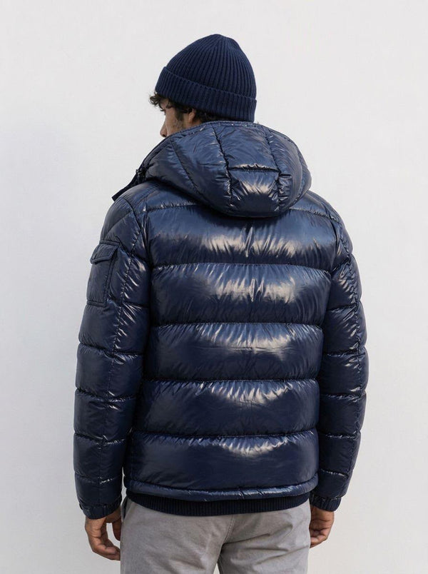 G-1001 Navy Glossy Hooded Puffer Jacket