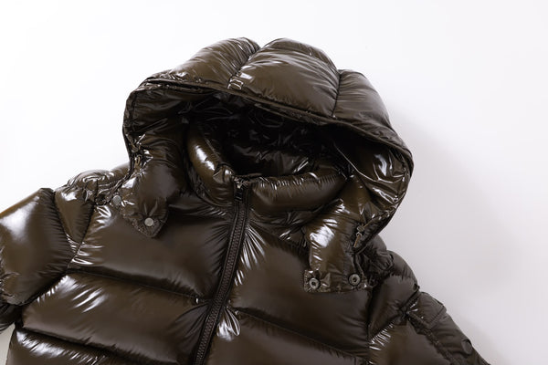 G-1001 Coffee Glossy Hooded Puffer Jacket