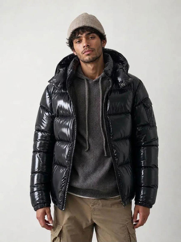 G-1001 Black Glossy Hooded Puffer Jacket