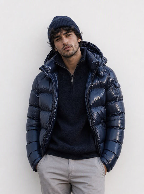 G-1001 Navy Glossy Hooded Puffer Jacket