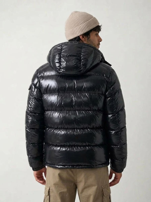 G-1001 Black Glossy Hooded Puffer Jacket