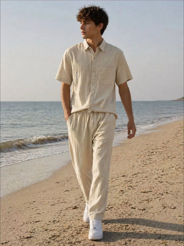 Men’s Beige Linen Blend Short Sleeve Shirt & Trouser Set