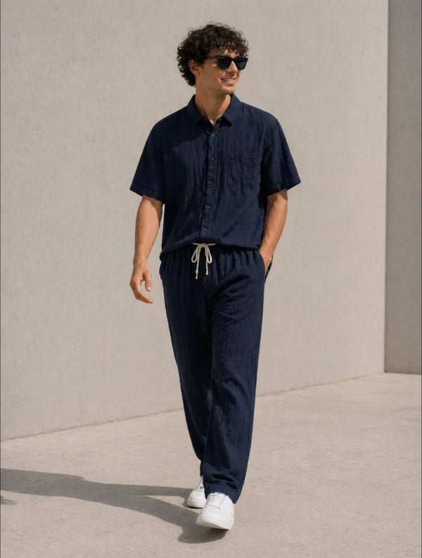 Men’s Navy Linen Blend Short Sleeve Shirt & Trouser Set