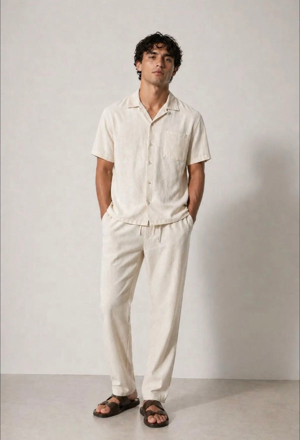 Men’s White Linen Blend Short Sleeve Shirt & Trouser Set